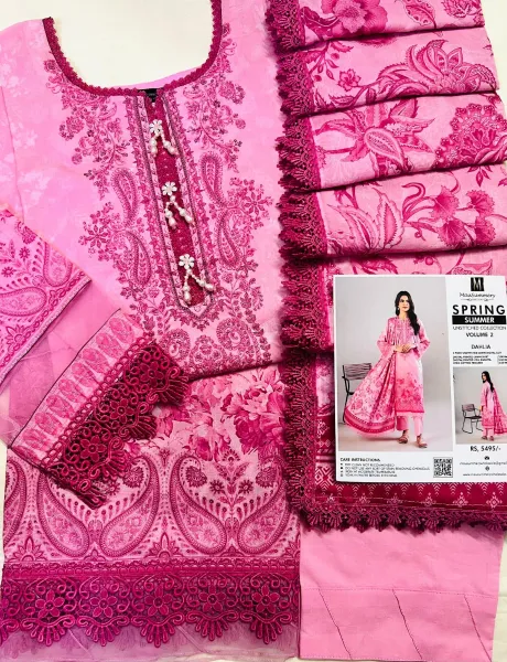 Pakistani Original Mausummery Cotton Stitched 3 Pcs _ Pink 